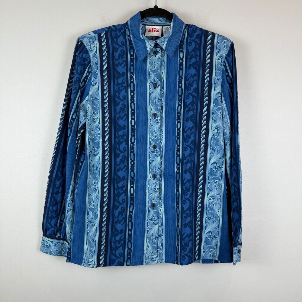 Alia Shirt Women 8 Blue Striped Chain Print Long Sleeve Button-Up Artsy Retro‎
